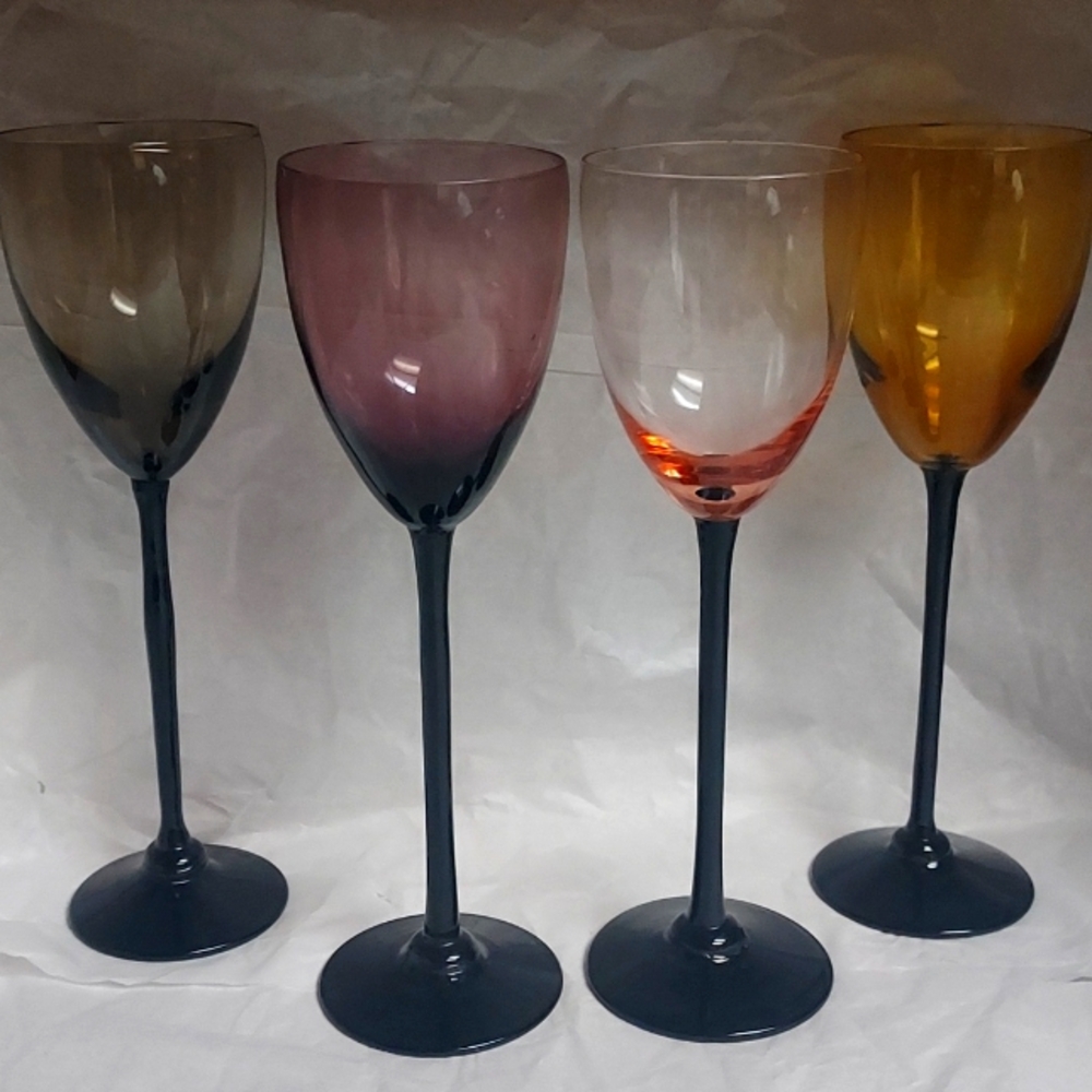 Vintage Aperitif Cordial Glasses with long black steamed multi color set.... B38